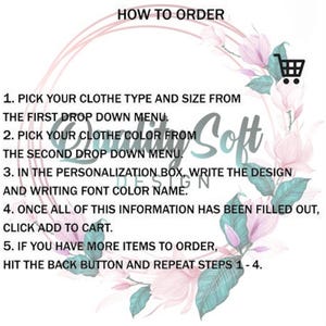 a step-by-step guide on how to order clothes from a clothing store, with a floral design and a shopping cart icon.