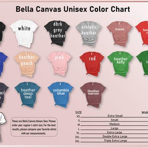 The image is a color chart for Bella Canvas t-shirts, displaying various color options and corresponding sizes.