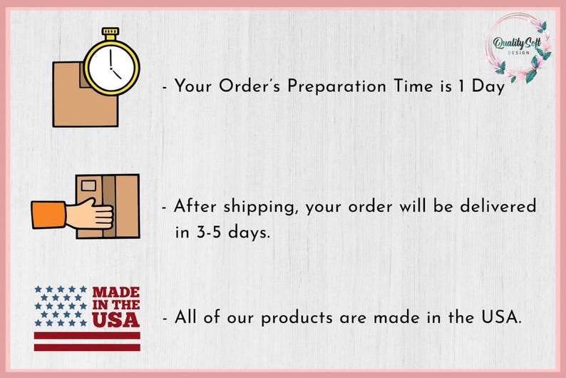 The image is a text-based illustration that provides information about the order preparation process and the company's commitment to quality. It includes icons representing shipping, a clock, and a hand, as well as text that describes the order preparation time and the company's guarantee of quality.