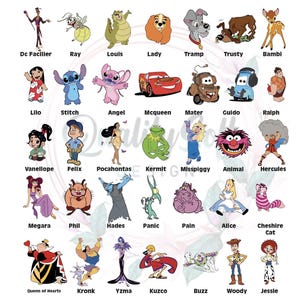 May include: A collection of colorful cartoon character illustrations, including Disney and Pixar characters. The image features characters like Stitch, Woody, and Kermit, each with their name below. The characters are arranged in rows and columns.