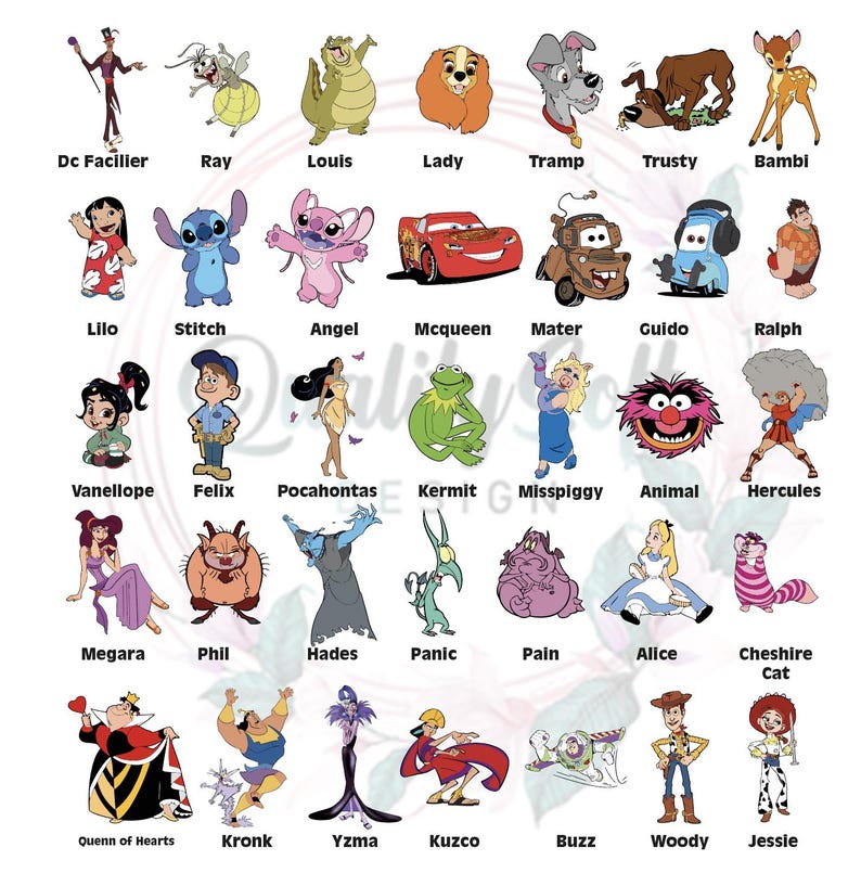 May include: A collection of colorful cartoon character illustrations, including Disney and Pixar characters. The image features characters like Stitch, Woody, and Kermit, each with their name below. The characters are arranged in rows and columns.