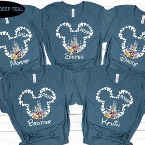 May include: Five teal blue t-shirts with a white Mickey Mouse silhouette and the text "2025" inside the ears. Each shirt has a different word printed below the silhouette: "Mommy", "Sister", "Daddy", "Brother", and "Kevin".