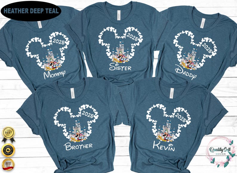 May include: Five teal blue t-shirts with a white Mickey Mouse silhouette and the text "2025" inside the ears. Each shirt has a different word printed below the silhouette: "Mommy", "Sister", "Daddy", "Brother", and "Kevin".