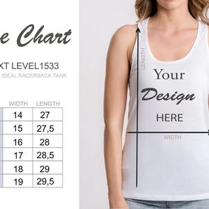 The image is a size chart for a white tank top, with measurements and a diagram showing the dimensions of the tank top.