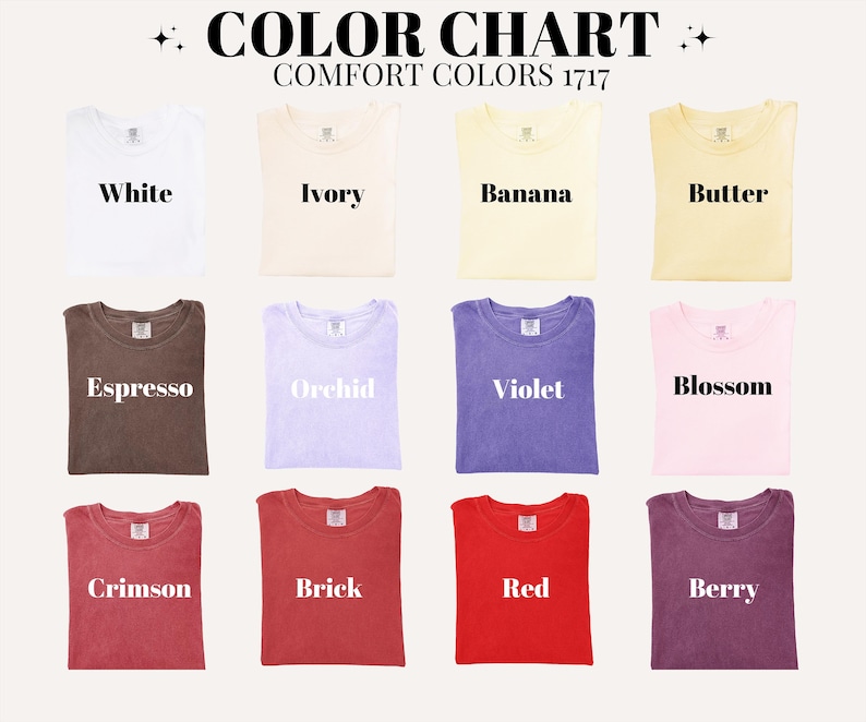 a group of different colored shirts with the words color chart on them