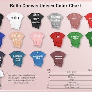 The image is a color chart for Bella Canvas t-shirts, displaying various color options and corresponding sizes.