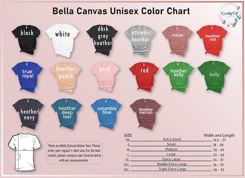 The image is a color chart for Bella Canvas t-shirts, displaying various color options and corresponding sizes.