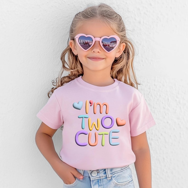 Puede incluir: Una camiseta rosa con el texto "I'm Two Cute" en letras de colores de estilo 3D. La camiseta tiene un dise&ntilde;o de coraz&oacute;n y la lleva puesta una ni&ntilde;a con gafas de sol de coraz&oacute;n rosa.