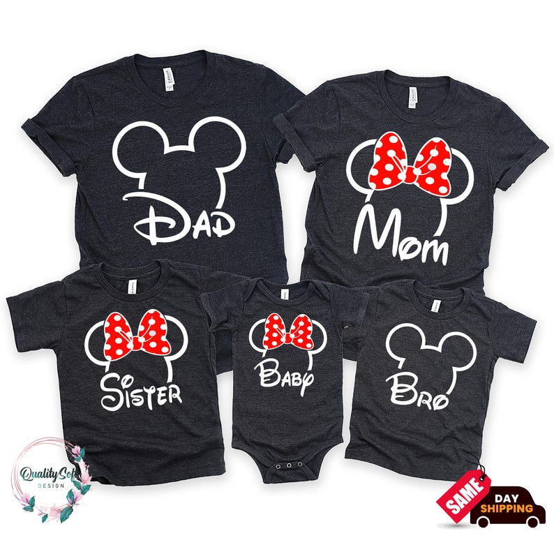 a collection of black t-shirts with white text and graphics, including the names "DAD", "MOM", "SISTER", "BABY", and "BRO", along with the character " Mickey Mouse ears".