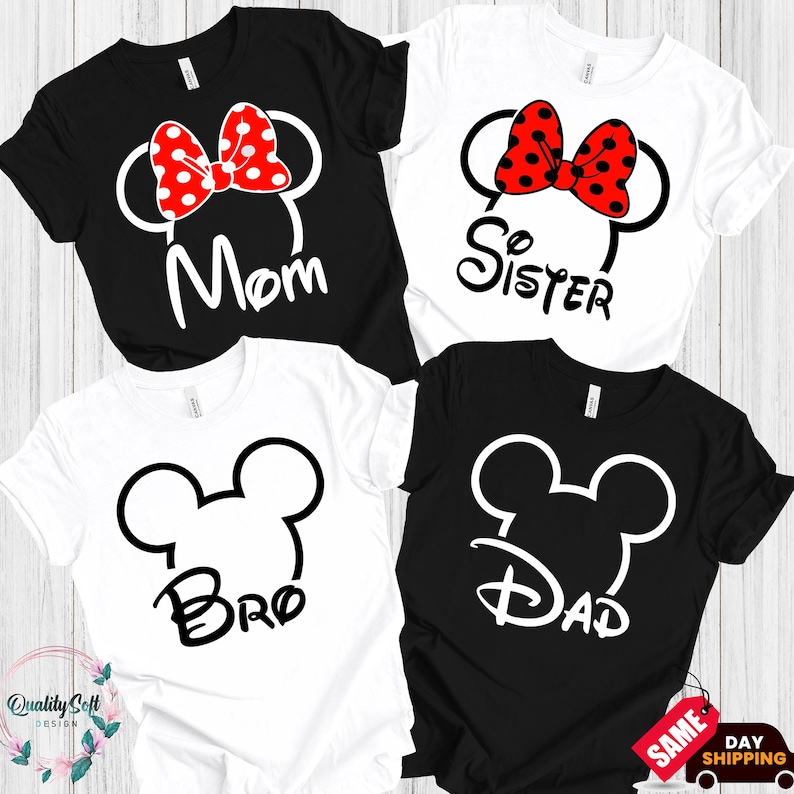 four t-shirts with the Disney character Mickey Mouse ears and the names "Mom", "Sister", "Bro", and "Dad" printed on them.