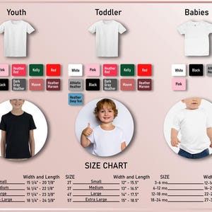 The image is a size chart for children's t-shirts, displaying the different sizes available in a range of colors and styles.