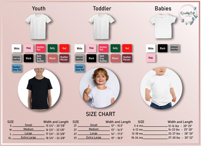 The image is a size chart for children's t-shirts, displaying the different sizes available in a range of colors and styles.