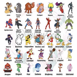 May include: A collection of cartoon character illustrations, including superheroes like Spider-Man, Captain America, and Iron Man, alongside Disney characters such as Jane, Baymax, and Scrooge McDuck. Each character is labeled with their name.