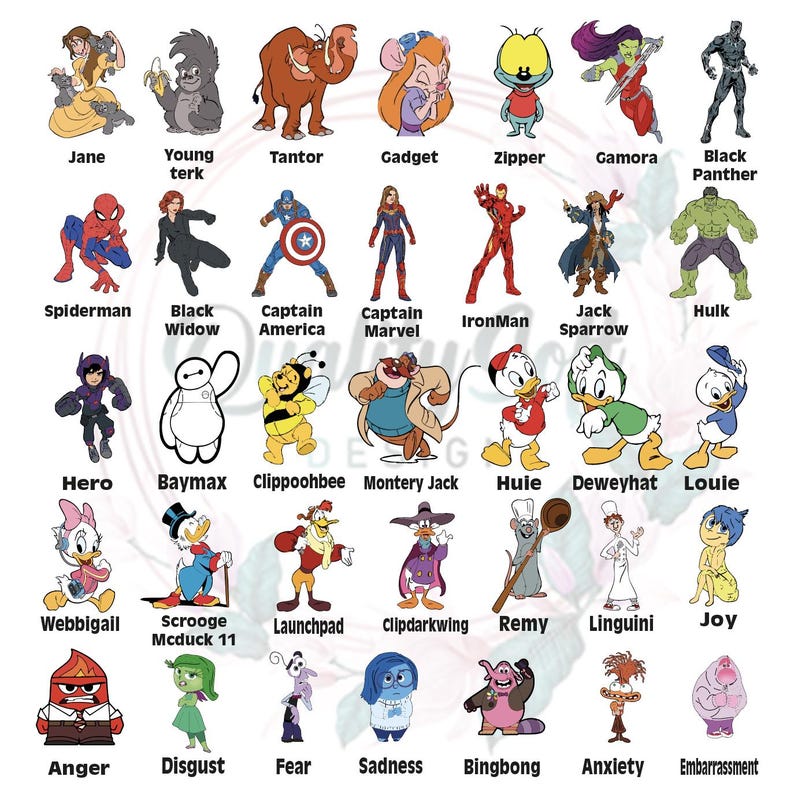 May include: A collection of cartoon character illustrations, including superheroes like Spider-Man, Captain America, and Iron Man, alongside Disney characters such as Jane, Baymax, and Scrooge McDuck. Each character is labeled with their name.