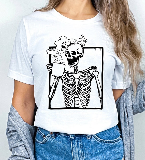 Hot Coffee Skeleton Tee - Halloween Skull Shirt