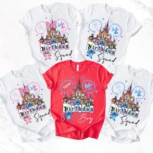 a collection of birthday t-shirts featuring Disney-themed graphics and text.