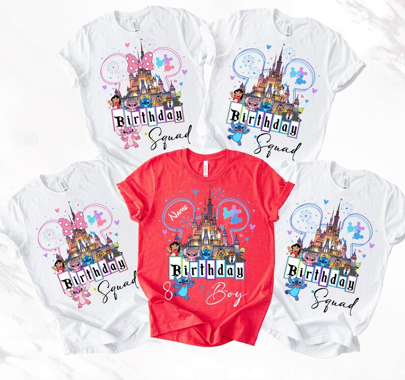 a collection of birthday t-shirts featuring Disney-themed graphics and text.