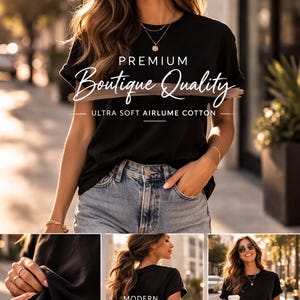 A collage of images featuring a woman wearing a black t-shirt and jeans, with text highlighting the premium quality of the clothing.