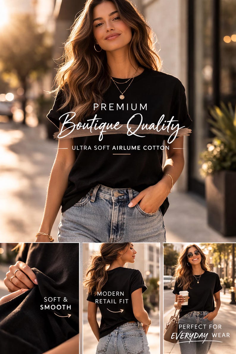 A collage of images featuring a woman wearing a black t-shirt and jeans, with text highlighting the premium quality of the clothing.