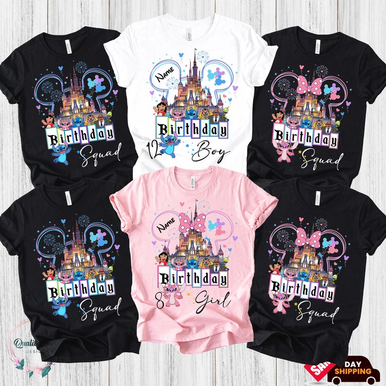 a collection of six birthday t-shirts, each featuring a unique design related to Disney and the characters Stitch and Lilo. The t-shirts are arranged in a grid, with three on the top row and three on the bottom row. The designs include a castle, Mickey Mouse, and other Disney-themed elements. The t-shirts are labeled with the text "Birthday Boy" and "Birthday Girl" to indicate the gender of the wearer.