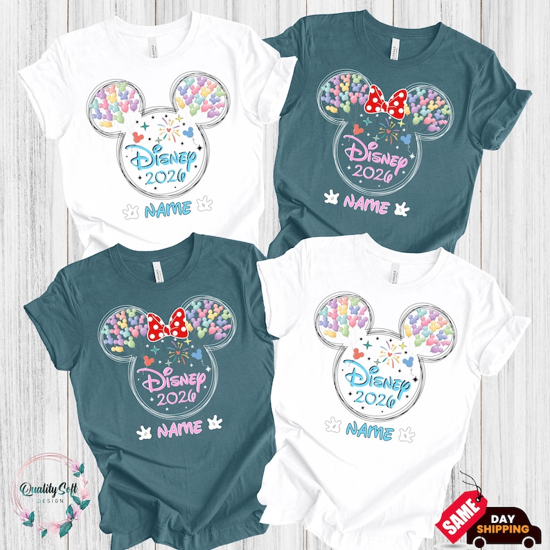 four Disney-themed t-shirts, each with a unique design featuring Mickey Mouse ears and the text "Disney 2020" and "NAME".