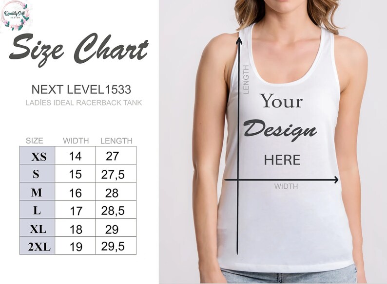 May include: Size chart for a racerback tank top with measurements in inches. The chart shows the width and length of the tank top in sizes XS, S, M, L, XL, and 2XL.