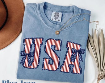 USA Flag Comfort Colors® Coquette Bow Shirt, 4th of July Coquette Bow shirt, America flag Shirt,Fourth of July Shirt,Patriotic Shirt,USA TEE
