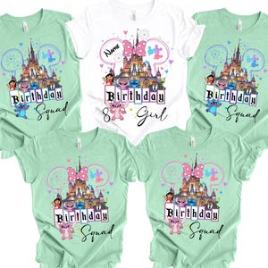 a collection of t-shirts with a Disney theme, featuring various Disney characters and landmarks.