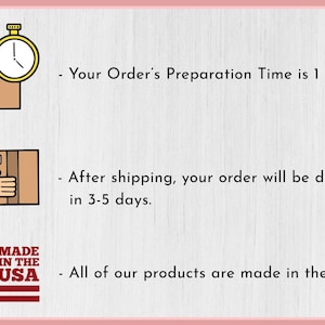 May include: An illustration with text and graphics. A stopwatch is next to a box, a hand is next to a box, and a USA flag graphic. Text includes "Your Order's Preparation Time is 1 Day" and "All of our products are made in the USA."