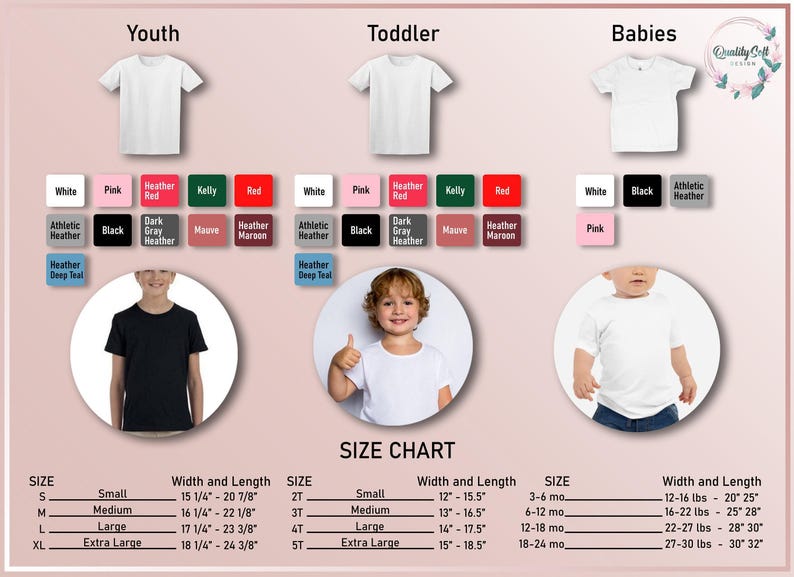 The image is a size chart that provides the size chart for three different age groups: Youth, Toddler, and Babies. It includes images of children wearing white t-shirts and their corresponding heights and weights.