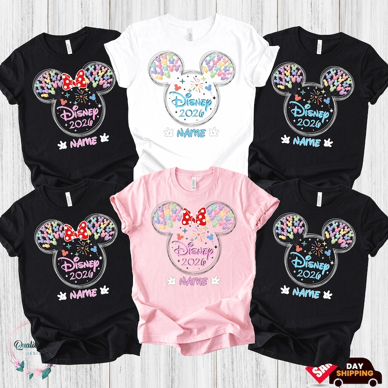 a collection of Disney-themed t-shirts, each featuring a unique design of Mickey Mouse ears and the text "Disney 2020" printed on them. The t-shirts are arranged in a grid pattern, showcasing various colors and styles.