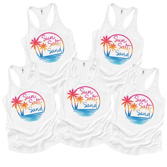 Sun Salt Sand Beach Tank Top, Summer Vacation Palm Tree Graphic Tee