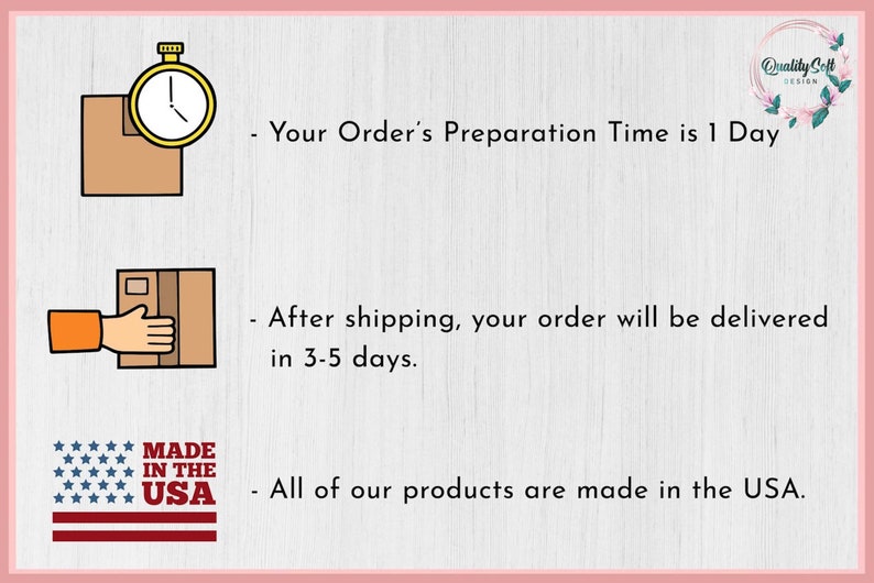 May include: An illustration with text detailing order processing. A stopwatch icon sits beside a box, with the text "Your Order's Preparation Time is 1 Day." Below, a hand holding a box with the text "After shipping, your order will be delivered in 3-5 days."