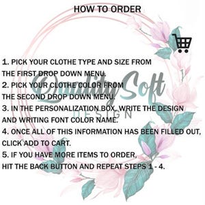 a step-by-step guide on how to order clothes from a clothing store, with a floral design and a shopping cart icon.