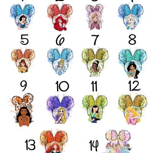 Puede incluir: Una colecci&oacute;n de 14 dise&ntilde;os de orejas de rat&oacute;n con tem&aacute;tica de Disney, cada uno con una princesa diferente. Las orejas tienen lazos coloridos y fondos de acuarela. Las princesas incluyen Blancanieves, Ariel, Anna, Elsa, Bella, Cenicienta, Tiana, Jasmine, Moana, Rapunzel, Mulan, Aurora, M&eacute;rida y un grupo de princesas.