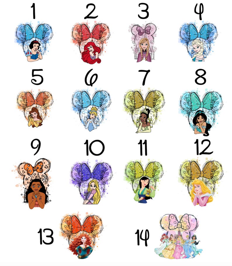 Puede incluir: Una colecci&oacute;n de 14 dise&ntilde;os de orejas de rat&oacute;n con tem&aacute;tica de Disney, cada uno con una princesa diferente. Las orejas tienen lazos coloridos y fondos de acuarela. Las princesas incluyen Blancanieves, Ariel, Anna, Elsa, Bella, Cenicienta, Tiana, Jasmine, Moana, Rapunzel, Mulan, Aurora, M&eacute;rida y un grupo de princesas.