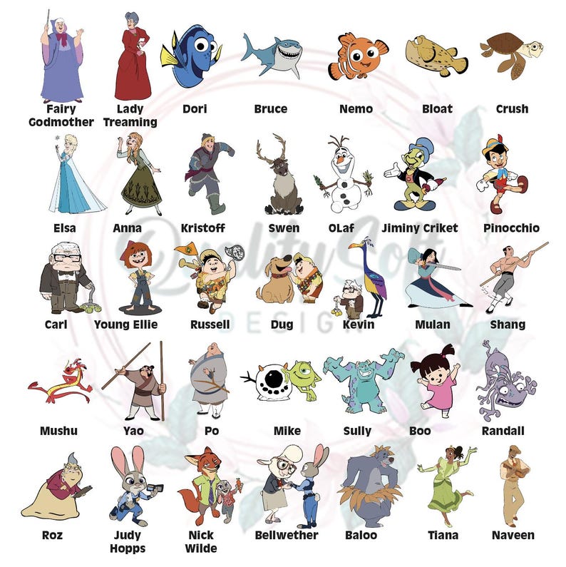 May include: A collection of cartoon character illustrations, including Elsa, Anna, Nemo, and Mike. Each character is labeled with their name, such as "Dori" and "Boo". The characters are from various animated movies.