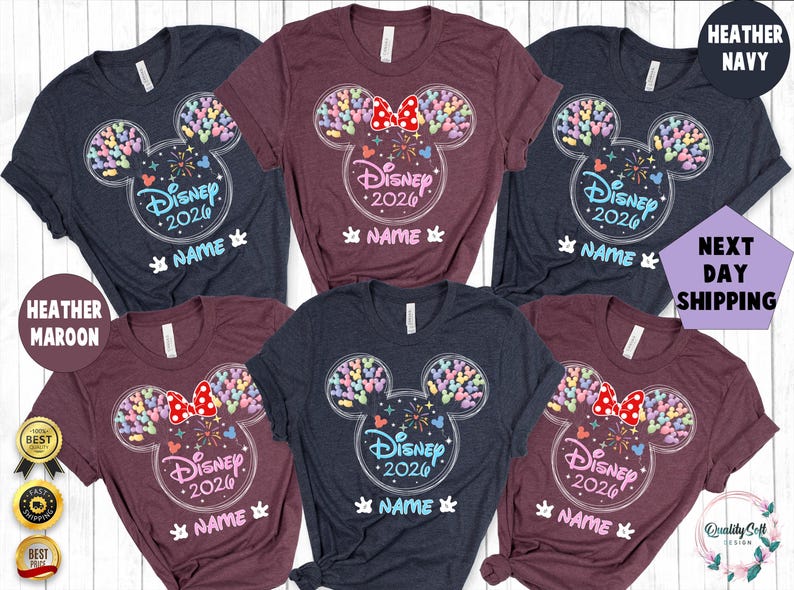 a collection of Disney-themed t-shirts, each featuring a unique design with Mickey Mouse ears and colorful decorations. The t-shirts are arranged in a grid pattern, showcasing various sizes and styles. The text on the t-shirts reads "Disney 2020" and "NAME", indicating that these are personalized t-shirts for Disney's 2020 event.