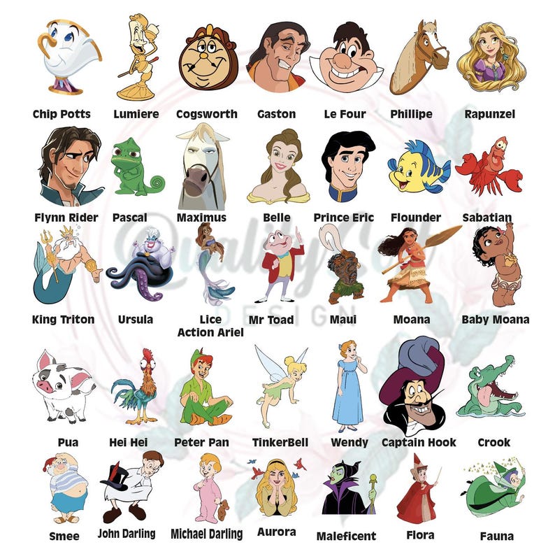 May include: A collection of colorful cartoon illustrations of Disney characters, including Chip Potts, Lumiere, Cogsworth, Gaston, Le Four, Phillipe, Rapunzel, Flynn Rider, Pascal, Maximus, Belle, Prince Eric, Flounder, Sabatian, King Triton, Ursula, Lice Action Ariel, Mr Toad, Maui, Moana, Baby Moana, Pua, Hei Hei, Peter Pan, TinkerBell, Wendy, Captain Hook, Crook, Smee, John Darling, Michael Darling, Aurora, Maleficent, Flora, and Fauna.