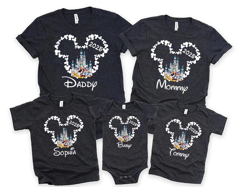 May include: A set of five dark grey t-shirts featuring a white Mickey Mouse silhouette and a castle graphic. The shirts are labelled with the text "Daddy", "Mommy", "Sophia", "Baby", and "Tommy". The year "2025" is also printed on each shirt.