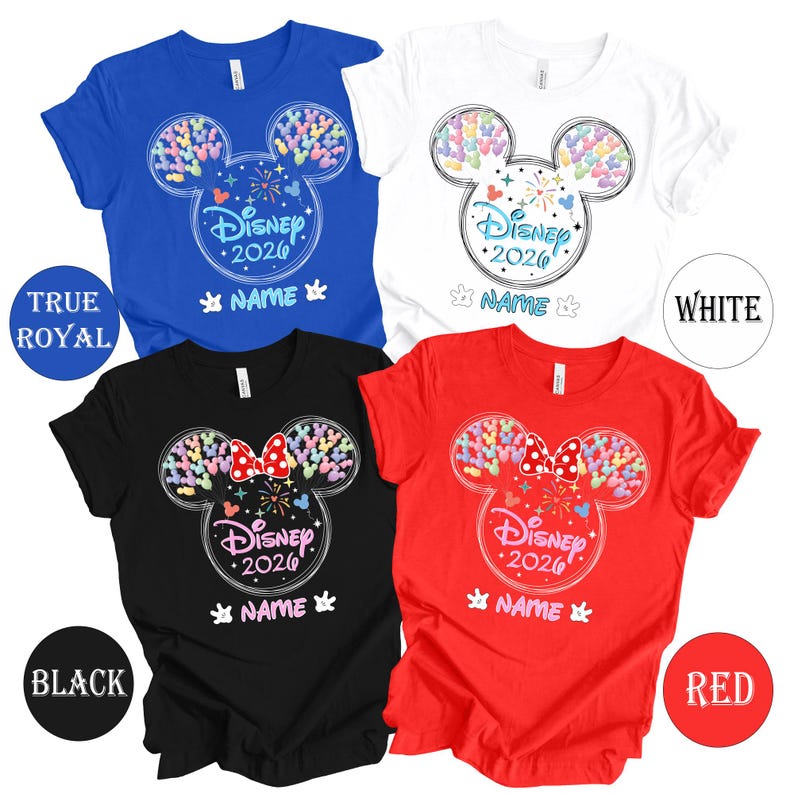 four Disney-themed t-shirts, each with a unique color and design. The t-shirts feature the iconic Mickey Mouse ears and the text "Disney 2020" along with the names "TRUE ROYAL", "NAME", and "RED". The t-shirts are arranged in a grid-like pattern, with each row representing a different color and the columns representing the different designs.