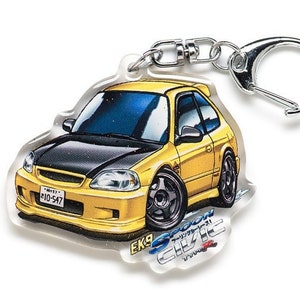 Puede incluir: Llavero Honda Civic amarillo con capó negro y logotipo de Spoon Sports Civic. El llavero tiene un anillo de metal plateado.