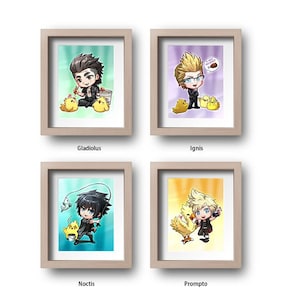 Impression d&#39;art Final Fantasy 15 XV FF15 FFXV Mini Chibi imprime Glaïeuls Ignis Noctis Prompto ChocoBros RPG Fan de jeu vidéo Art déco