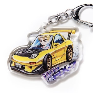 Initial D Keisuke Takahashi RX7 RX-7 FD3S Project D 5th Stage Yellow Drift Acrylic Charm Keychain Double-Sided Manga Anime JDM Fanart