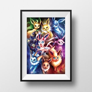 May include: A colourful illustration of various Pokemon characters, including Eevee, Vaporeon, Jolteon, Flareon, Espeon, Umbreon, Leafeon, and Glaceon. The Pokemon are arranged in a group, with their tails intertwined. The background is a swirling galaxy of stars and nebulae.