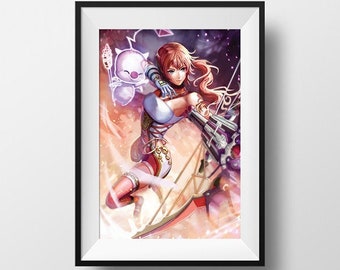 Op de afbeelding: Ingelijste kunstdruk met een vrouwelijk anime-personage met rood haar, die een pijl en boog vasthoudt. Het kunstwerk heeft een fantasiethema met een wit en paars wezen op de achtergrond. Het personage draagt een witte en rode outfit.