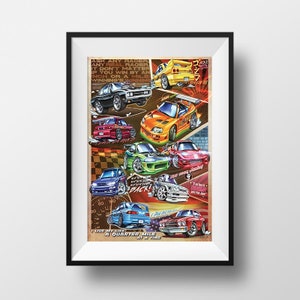 Fast and the Furious Fumetto Stile Auto Film Poster Stampa Arte da Parete Fanart I Live a Quarter Mile at a Time Decor Illustrazione Digitale