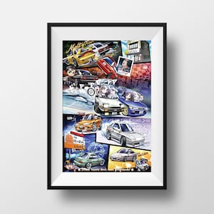 Könnte beinhalten: Eine farbenfrohe Illustration einer Gruppe von Personen und Autos. Die Illustration ist im Comic-Stil gehalten und zeigt eine Vielzahl von Autos, darunter ein rot-weißes Auto, ein blau-weißes Auto und ein gelbes Auto. Der Text im Bild lautet "Night of Fire", "Beat of the Rising Sun", "Street racers don't need girlfriends!" und "おぎのや".