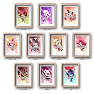 Mini impresiones de Hazbin Hotel: Alastor, Angel Dust, Husk, Lucifer, Niffty Charlie, Morningstar, Vaggie, Sir Pentious, Vox, Cherri Bomb: arte chibi lindo