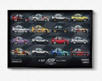 AE86 Past & Present Collection Poster Print Initial D InitialD  Corolla Keiichi Tsuchiya Drift King Katsuhiro Ueo FormulaD D1GP